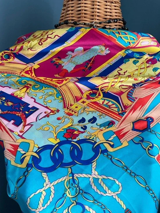 Vibrant Turquoise Silk Scarf with Tassel Print 42 x 42 - Picture 5 of 16